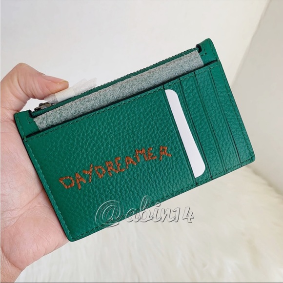 NWT Coach Zip Card Case in Green Leather with Diary Embroidery - Picture 2 of 8